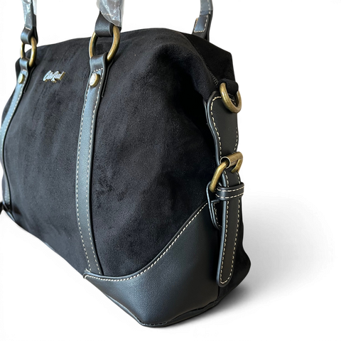 Cotton Road Handbag: BLACK SUEDE-Look PU Leather with Buckle Detailing