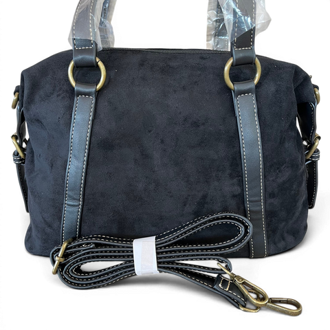 Cotton Road Handbag: BLACK SUEDE-Look PU Leather with Buckle Detailing