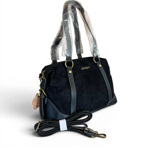 Cotton Road Handbag: BLACK SUEDE-Look PU Leather with Buckle Detailing