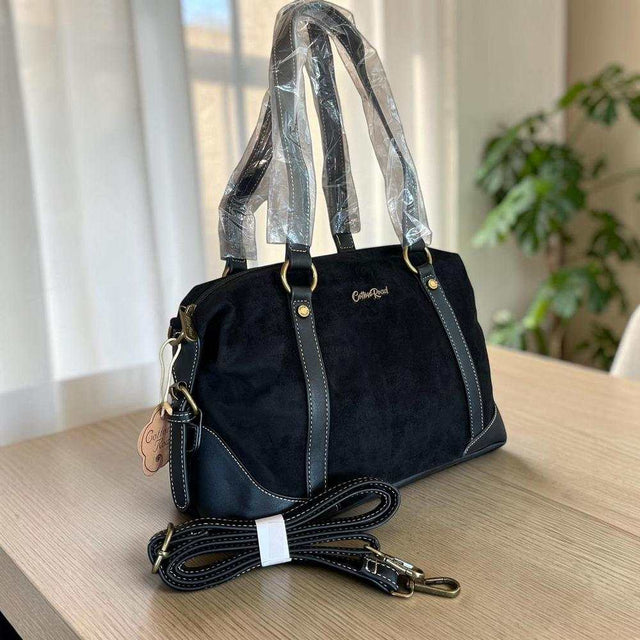 Cotton Road Handbag: BLACK SUEDE-Look PU Leather with Buckle Detailing