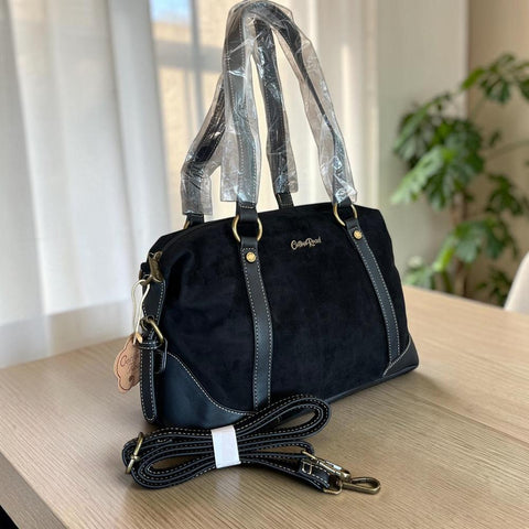 Cotton Road Handbag: BLACK SUEDE-Look PU Leather with Buckle Detailing