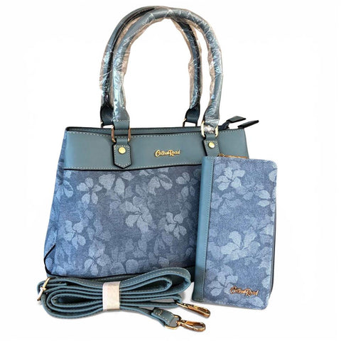 Cotton Road Handbag: BLUE FLORAL PU Leather and Matching Wallet
