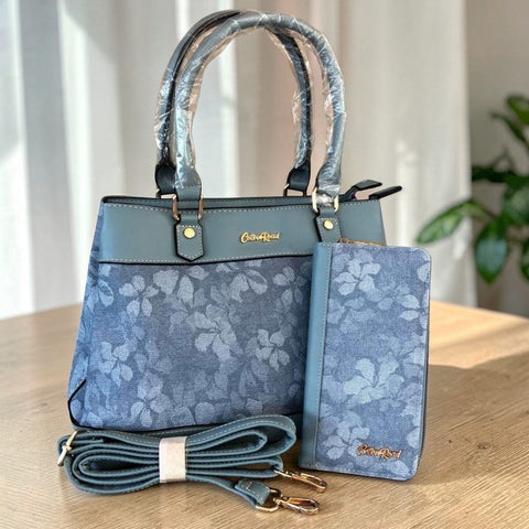Cotton Road Handbag: BLUE FLORAL PU Leather and Matching Wallet