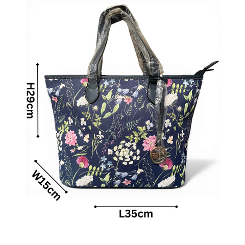 Cotton Road Handbag: BLUE PU LEATHER with FLORAL Panel