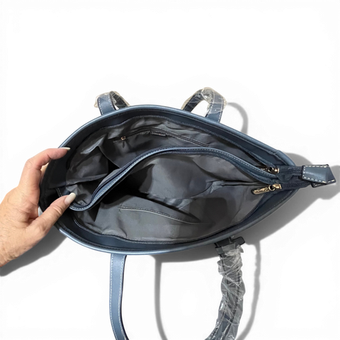 Cotton Road Handbag: BLUE PU LEATHER with FLORAL Panel