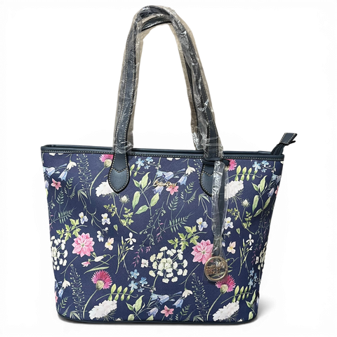 Cotton Road Handbag: BLUE PU LEATHER with FLORAL Panel