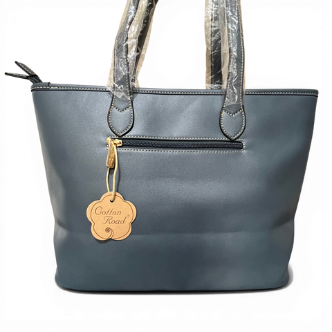 Cotton Road Handbag: BLUE PU LEATHER with FLORAL Panel