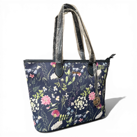 Cotton Road Handbag: BLUE PU LEATHER with FLORAL Panel