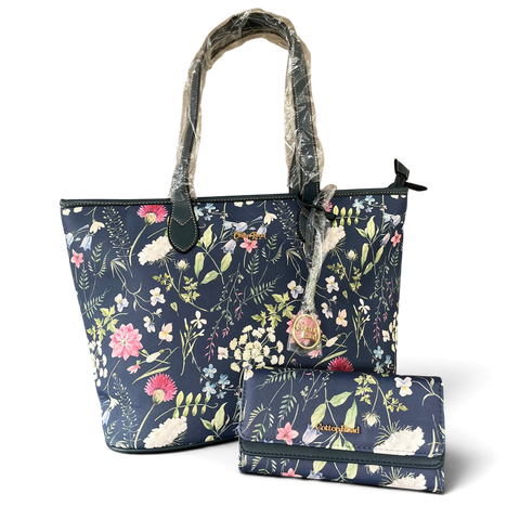 Cotton Road Handbag: BLUE PU LEATHER with FLORAL Panel and Matching Wallet
