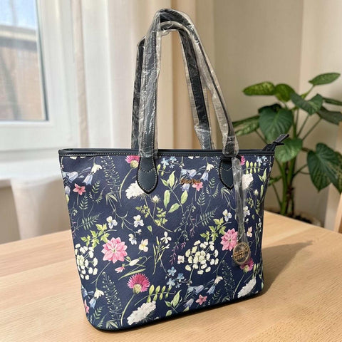 Cotton Road Handbag: BLUE PU LEATHER with FLORAL Panel