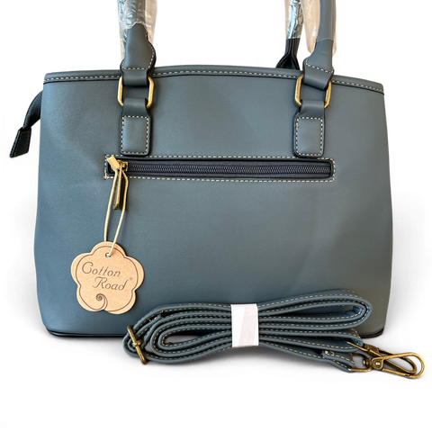 Cotton Road Handbag: BLUE PU Leather Bag with Zip Divider with Matching Wallet
