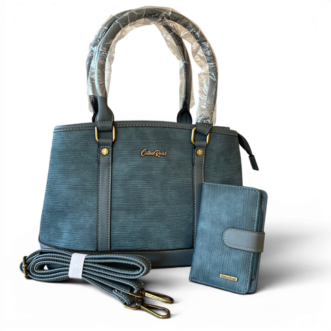 Cotton Road Handbag: BLUE PU Leather Bag with Zip Divider with Matching Wallet