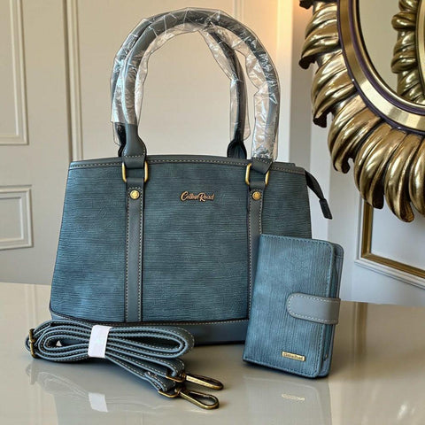 Cotton Road Handbag: BLUE PU Leather Bag with Zip Divider with Matching Wallet