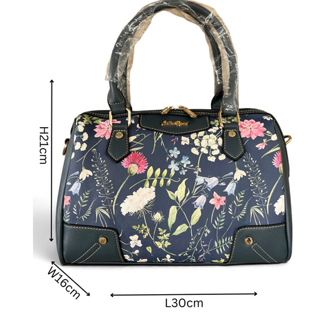 Cotton Road Handbag: BLUE PU Leather Barrel Bag with FLORAL Panel