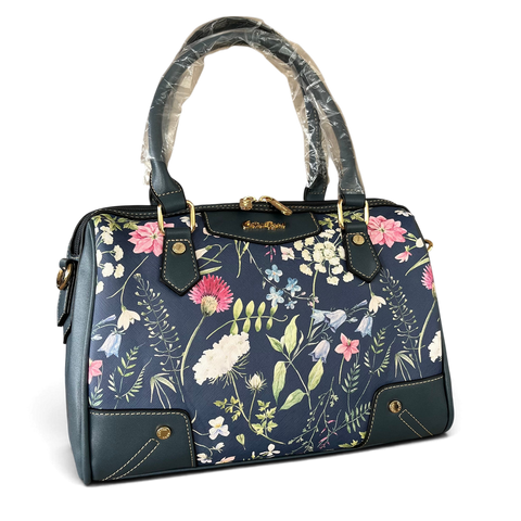 Cotton Road Handbag: BLUE PU Leather Barrel Bag with FLORAL Panel