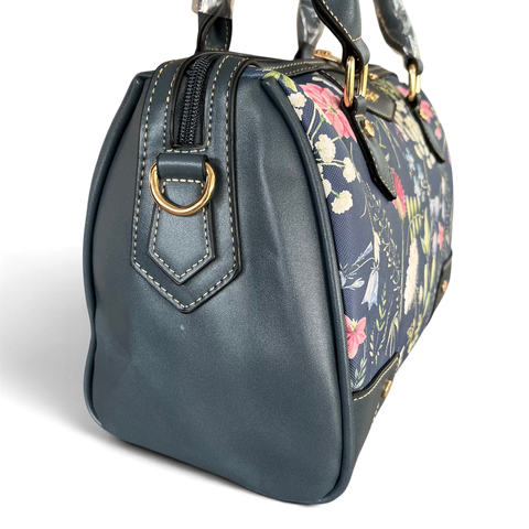 Cotton Road Handbag: BLUE PU Leather Barrel Bag with FLORAL Panel