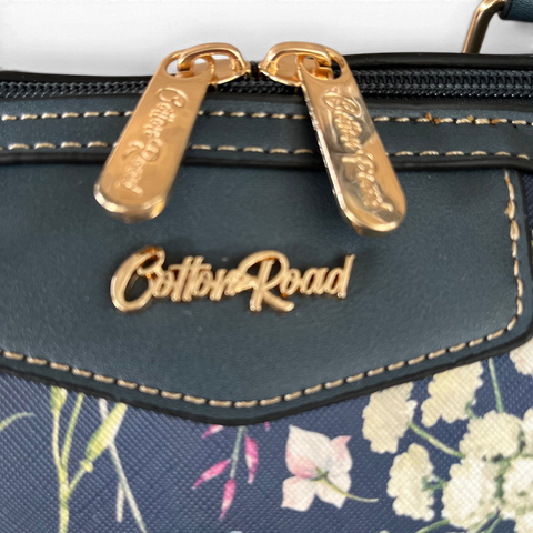Cotton Road Handbag: BLUE PU Leather Barrel Bag with FLORAL Panel