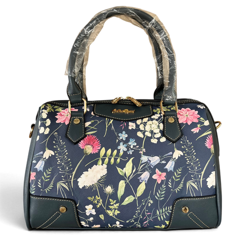 Cotton Road Handbag: BLUE PU Leather Barrel Bag with FLORAL Panel