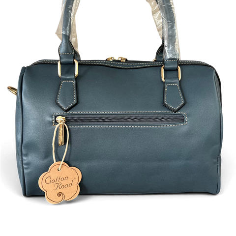 Cotton Road Handbag: BLUE PU Leather Barrel Bag with FLORAL Panel