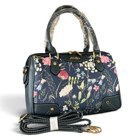 Cotton Road Handbag: BLUE PU Leather Barrel Bag with FLORAL Panel