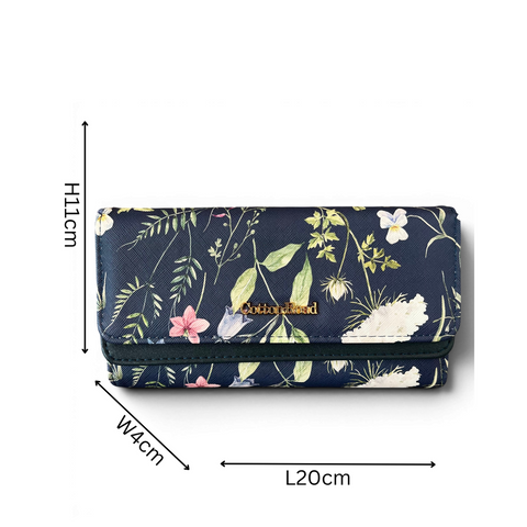 Cotton Road Handbag: BLUE PU Leather Barrel Bag with FLORAL Panel and Matching Wallet
