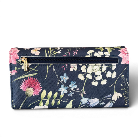 Cotton Road Handbag: BLUE PU Leather Barrel Bag with FLORAL Panel and Matching Wallet