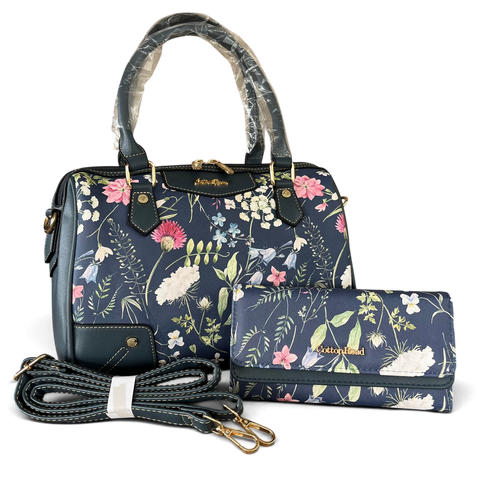 Cotton Road Handbag: BLUE PU Leather Barrel Bag with FLORAL Panel and Matching Wallet