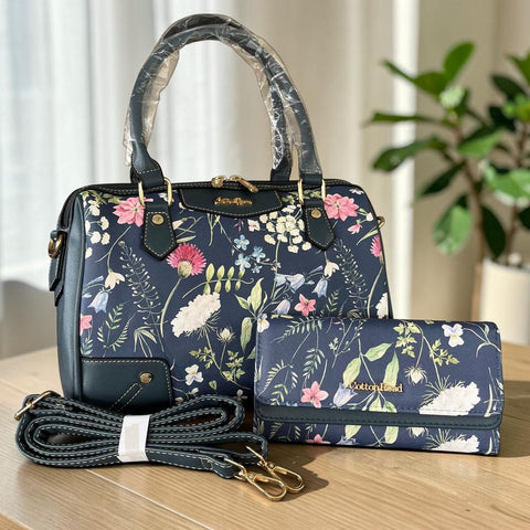 Cotton Road Handbag: BLUE PU Leather Barrel Bag with FLORAL Panel and Matching Wallet