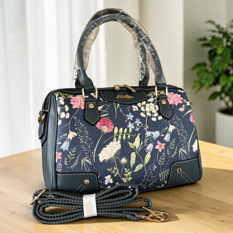 Cotton Road Handbag: BLUE PU Leather Barrel Bag with FLORAL Panel