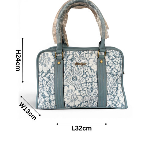 Cotton Road Handbag: BLUE PU Leather with Lace Print