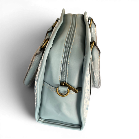 Cotton Road Handbag: BLUE PU Leather with Lace Print