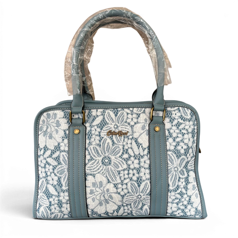 Cotton Road Handbag: BLUE PU Leather with Lace Print