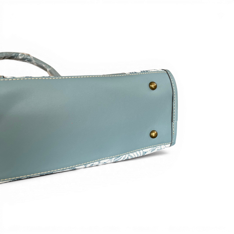 Cotton Road Handbag: BLUE PU Leather with Lace Print