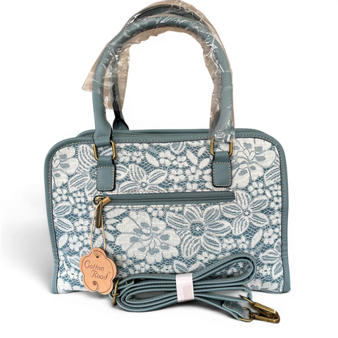 Cotton Road Handbag: BLUE PU Leather with Lace Print