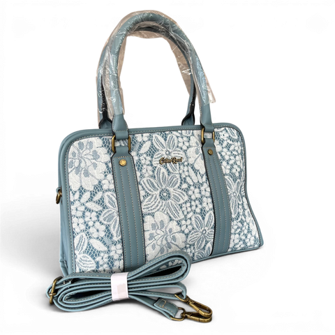 Cotton Road Handbag: BLUE PU Leather with Lace Print