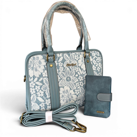 Cotton Road Handbag: BLUE PU Leather with Lace Print with Matching Wallet