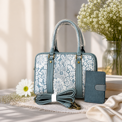 Cotton Road Handbag: BLUE PU Leather with Lace Print with Matching Wallet