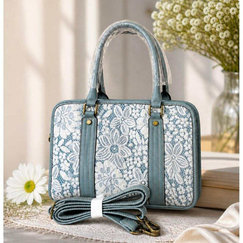 Cotton Road Handbag: BLUE PU Leather with Lace Print