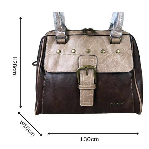 Cotton Road Handbag: BROWN / KHAKI PU Leather with clip BUCKLE detailing