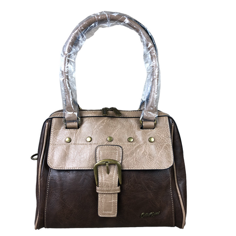 Cotton Road Handbag: BROWN / KHAKI PU Leather with clip BUCKLE detailing