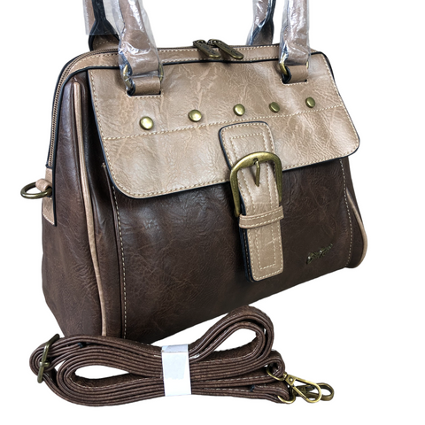 Cotton Road Handbag: BROWN / KHAKI PU Leather with clip BUCKLE detailing
