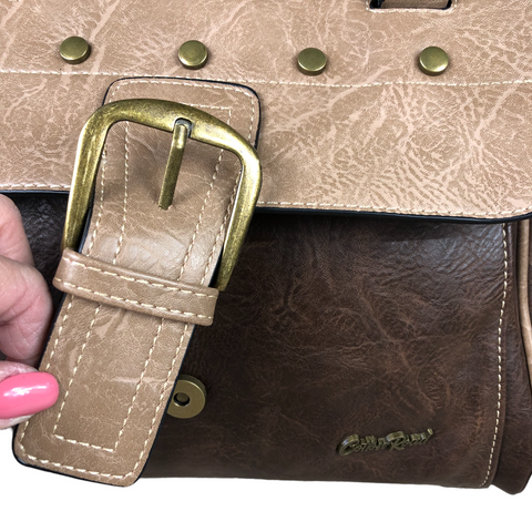 Cotton Road Handbag: BROWN / KHAKI PU Leather with clip BUCKLE detailing