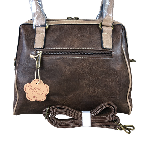 Cotton Road Handbag: BROWN / KHAKI PU Leather with clip BUCKLE detailing