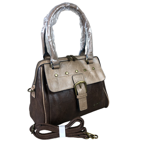 Cotton Road Handbag: BROWN / KHAKI PU Leather with clip BUCKLE detailing