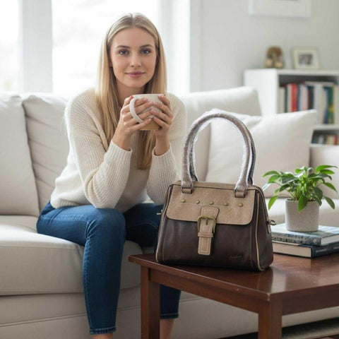 Cotton Road Handbag: BROWN / KHAKI PU Leather with clip BUCKLE detailing