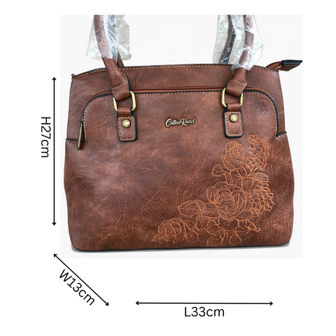 Cotton Road Handbag: BROWN PU Leather Bag with EMBROIDERY