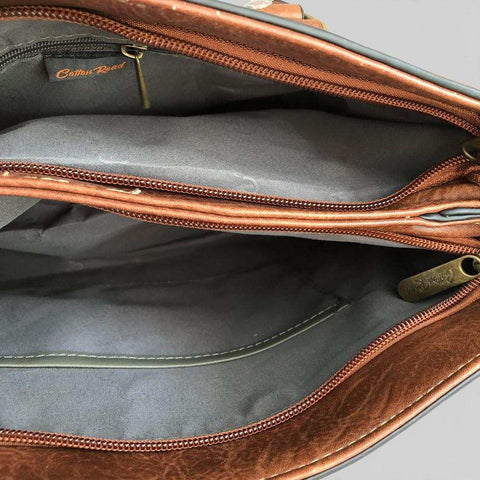 Cotton Road Handbag: BROWN PU Leather Bag with EMBROIDERY