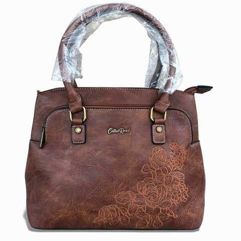 Cotton Road Handbag: BROWN PU Leather Bag with EMBROIDERY
