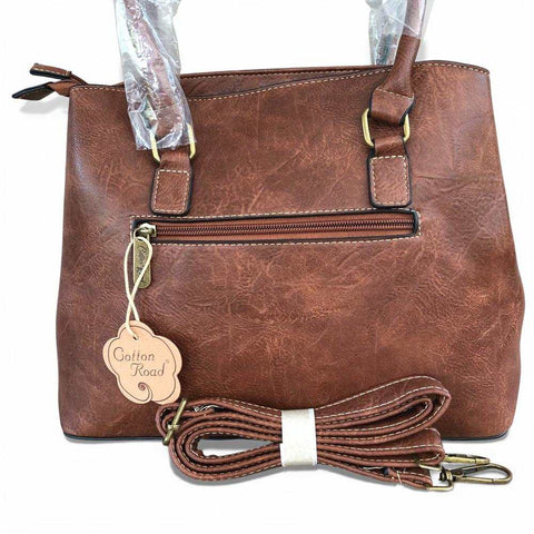 Cotton Road Handbag: BROWN PU Leather Bag with EMBROIDERY