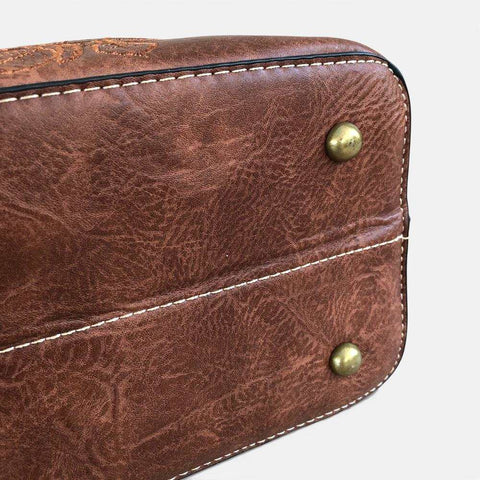 Cotton Road Handbag: BROWN PU Leather Bag with EMBROIDERY
